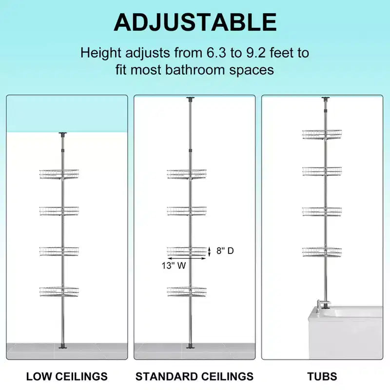 Étagère de Douche d'Angle Réglable pour Salle de Bain, Organisateur de Salle de Bain Anti-Rouille à 4 Niveaux avec Barre, Support de Baignoire sur Pied pour le Rangement du Shampooing