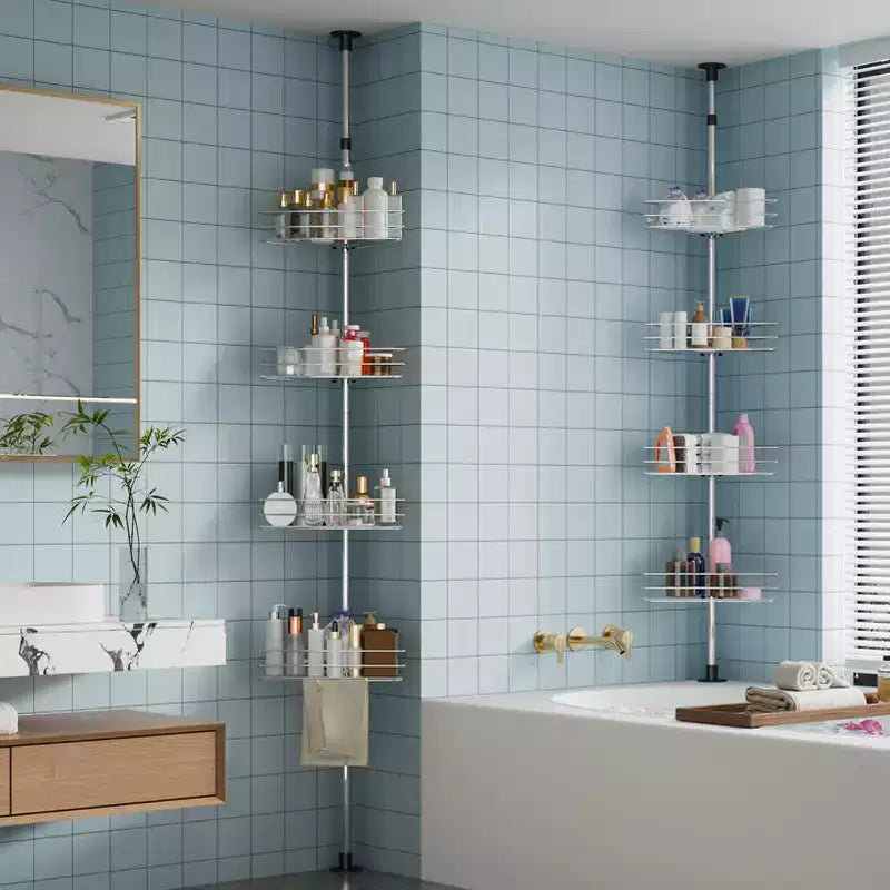 Étagère de Douche d'Angle Réglable pour Salle de Bain, Organisateur de Salle de Bain Anti-Rouille à 4 Niveaux avec Barre, Support de Baignoire sur Pied pour le Rangement du Shampooing