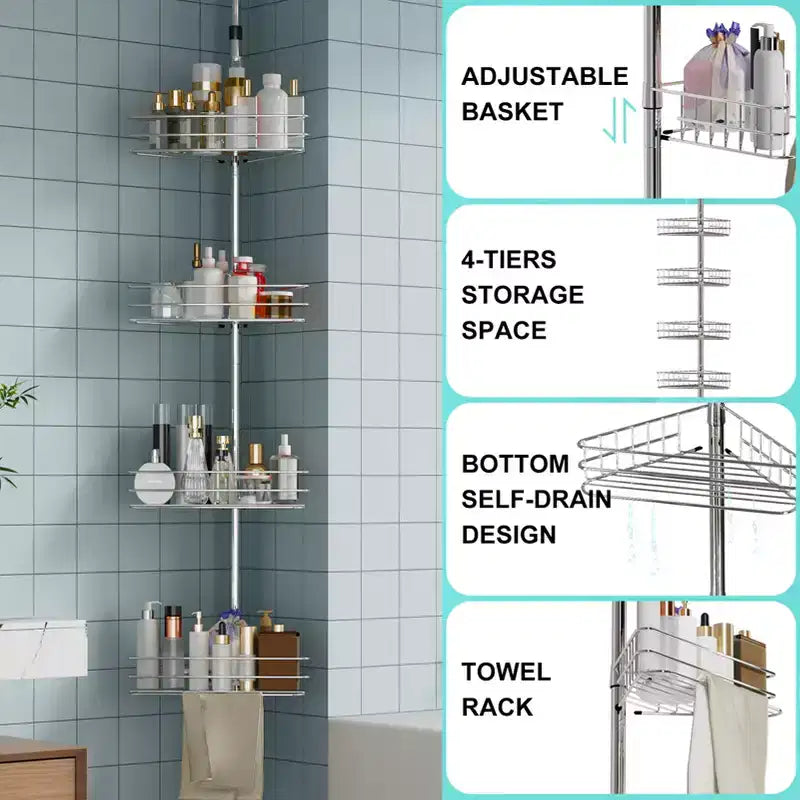 Étagère de Douche d'Angle Réglable pour Salle de Bain, Organisateur de Salle de Bain Anti-Rouille à 4 Niveaux avec Barre, Support de Baignoire sur Pied pour le Rangement du Shampooing