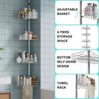 Étagère de Douche d'Angle Réglable pour Salle de Bain, Organisateur de Salle de Bain Anti-Rouille à 4 Niveaux avec Barre, Support de Baignoire sur Pied pour le Rangement du Shampooing