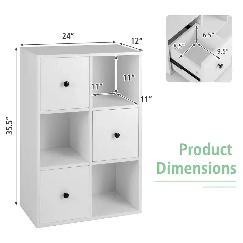 Organiseur de rangement bibliothèque 6 cubes avec 3 cubes ouverts et 3 tiroirs pour bureau à domicile Blanc/Marron