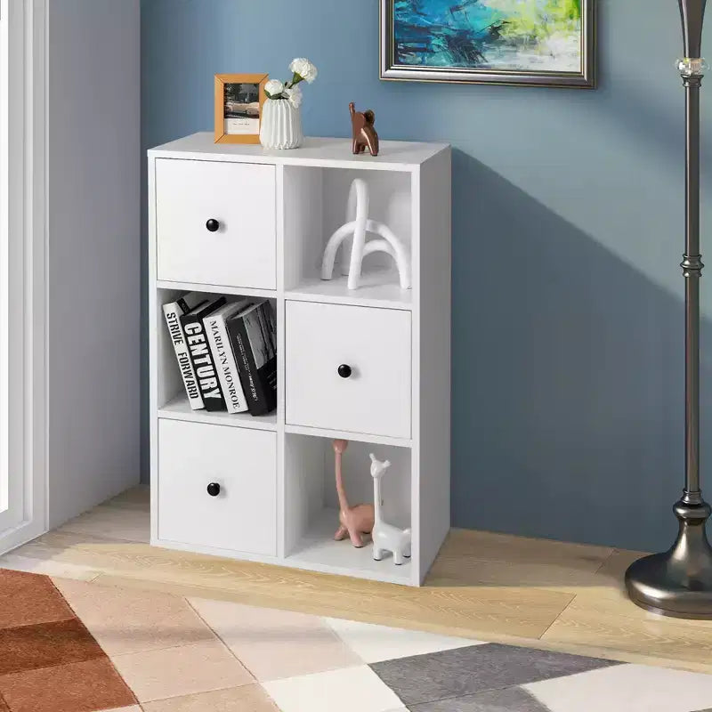 Organiseur de rangement bibliothèque 6 cubes avec 3 cubes ouverts et 3 tiroirs pour bureau à domicile Blanc/Marron