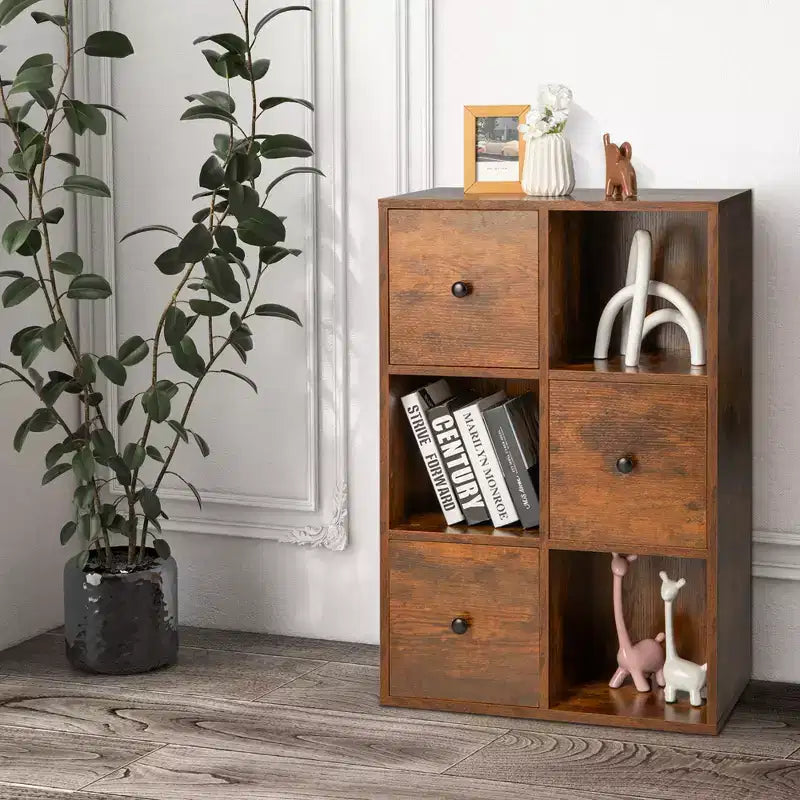 Organiseur de rangement bibliothèque 6 cubes avec 3 cubes ouverts et 3 tiroirs pour bureau à domicile Blanc/Marron