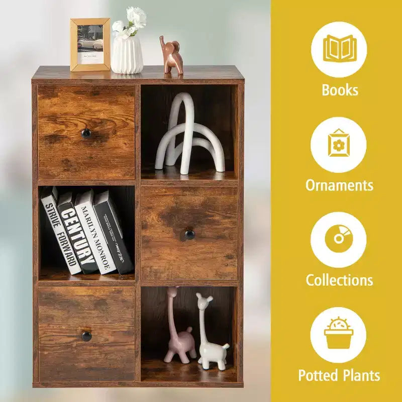 Organiseur de rangement bibliothèque 6 cubes avec 3 cubes ouverts et 3 tiroirs pour bureau à domicile Blanc/Marron