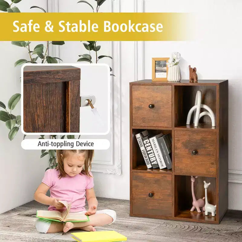 Organiseur de rangement bibliothèque 6 cubes avec 3 cubes ouverts et 3 tiroirs pour bureau à domicile Blanc/Marron