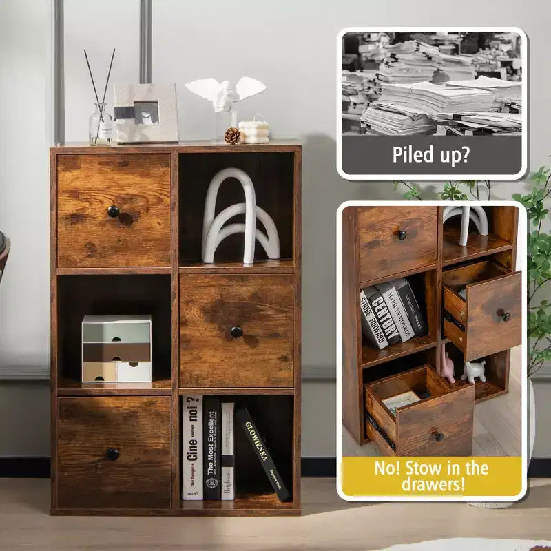Organiseur de rangement bibliothèque 6 cubes avec 3 cubes ouverts et 3 tiroirs pour bureau à domicile Blanc/Marron
