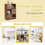 Organiseur de rangement bibliothèque 6 cubes avec 3 cubes ouverts et 3 tiroirs pour bureau à domicile Blanc/Marron