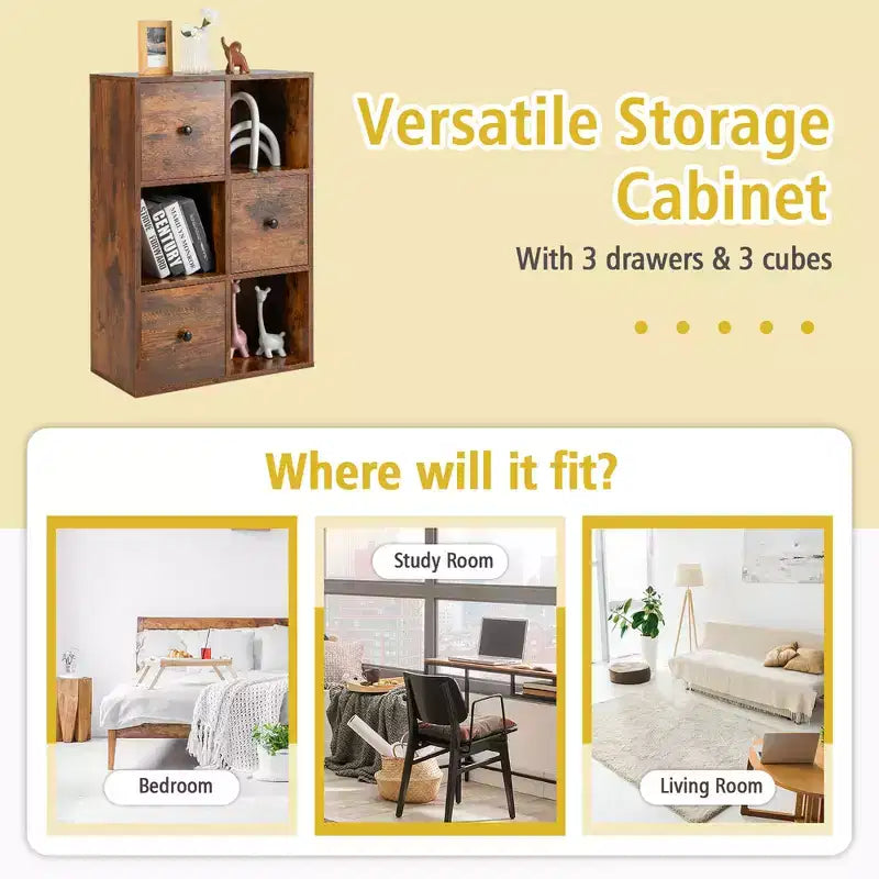 Organiseur de rangement bibliothèque 6 cubes avec 3 cubes ouverts et 3 tiroirs pour bureau à domicile Blanc/Marron