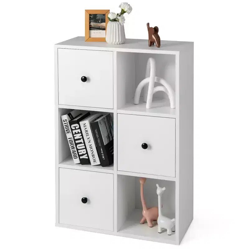 Organiseur de rangement bibliothèque 6 cubes avec 3 cubes ouverts et 3 tiroirs pour bureau à domicile Blanc/Marron