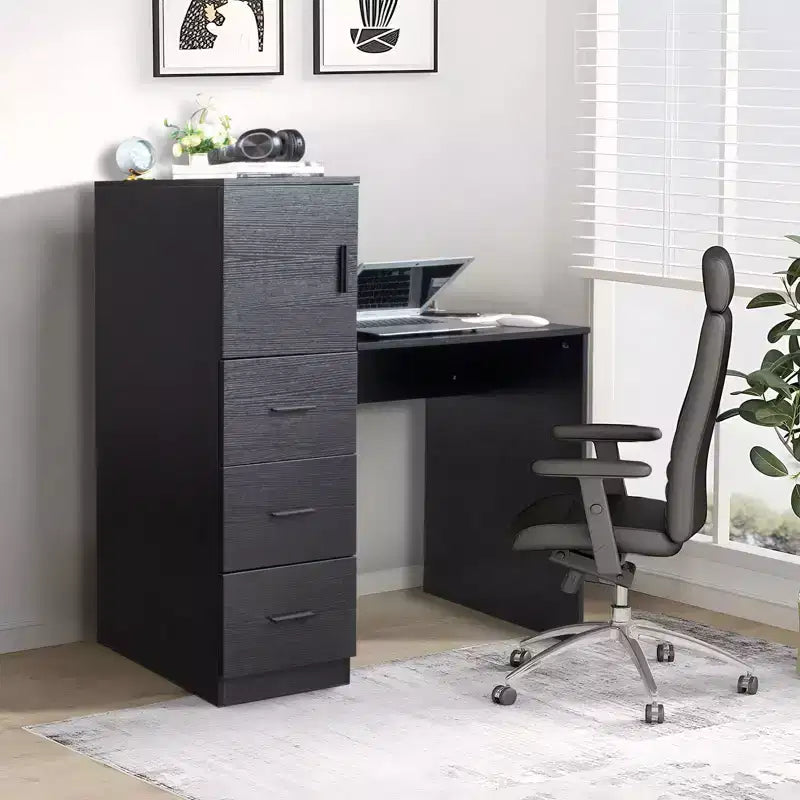 Bureau d'ordinateur noir de 111 cm avec armoire et 3 tiroirs, prise de courant et ports USB