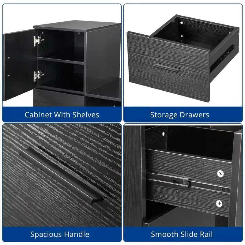 Bureau d'ordinateur noir de 111 cm avec armoire et 3 tiroirs, prise de courant et ports USB