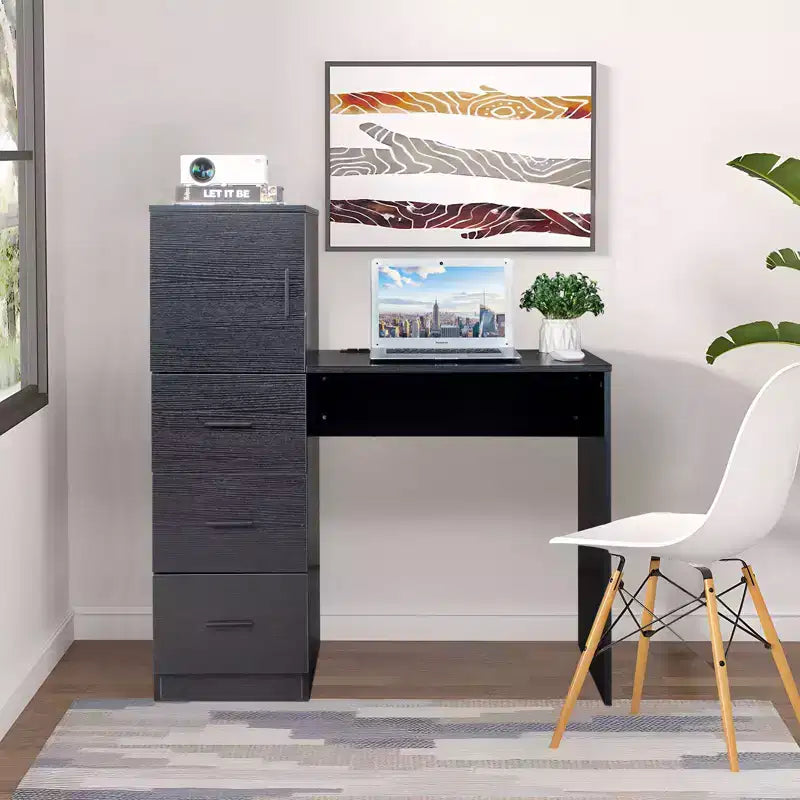 Bureau d'ordinateur noir de 111 cm avec armoire et 3 tiroirs, prise de courant et ports USB