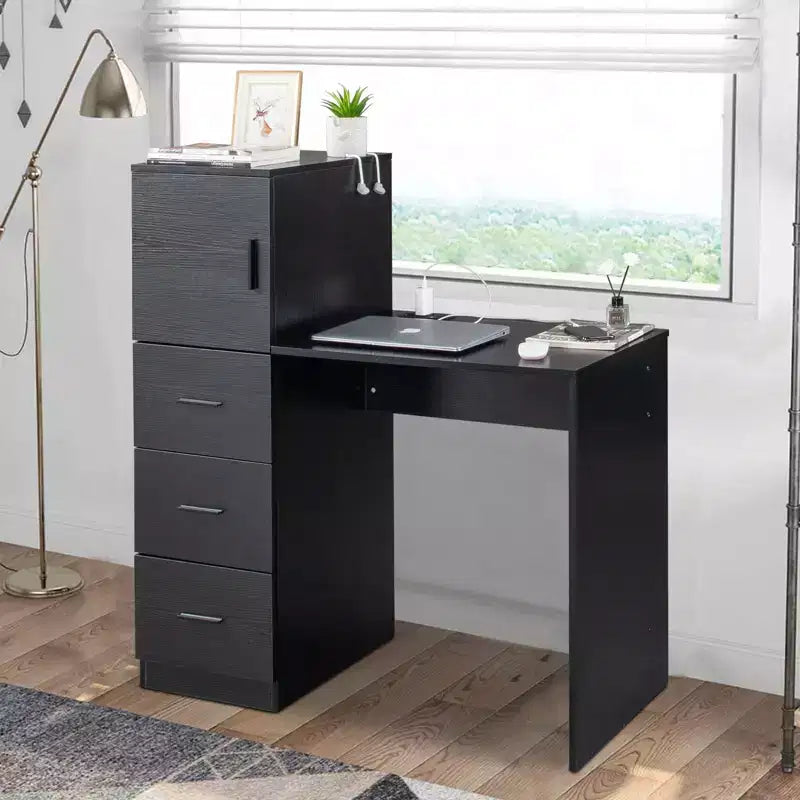 Bureau d'ordinateur noir de 111 cm avec armoire et 3 tiroirs, prise de courant et ports USB