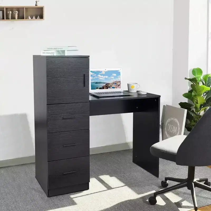 Bureau d'ordinateur noir de 111 cm avec armoire et 3 tiroirs, prise de courant et ports USB