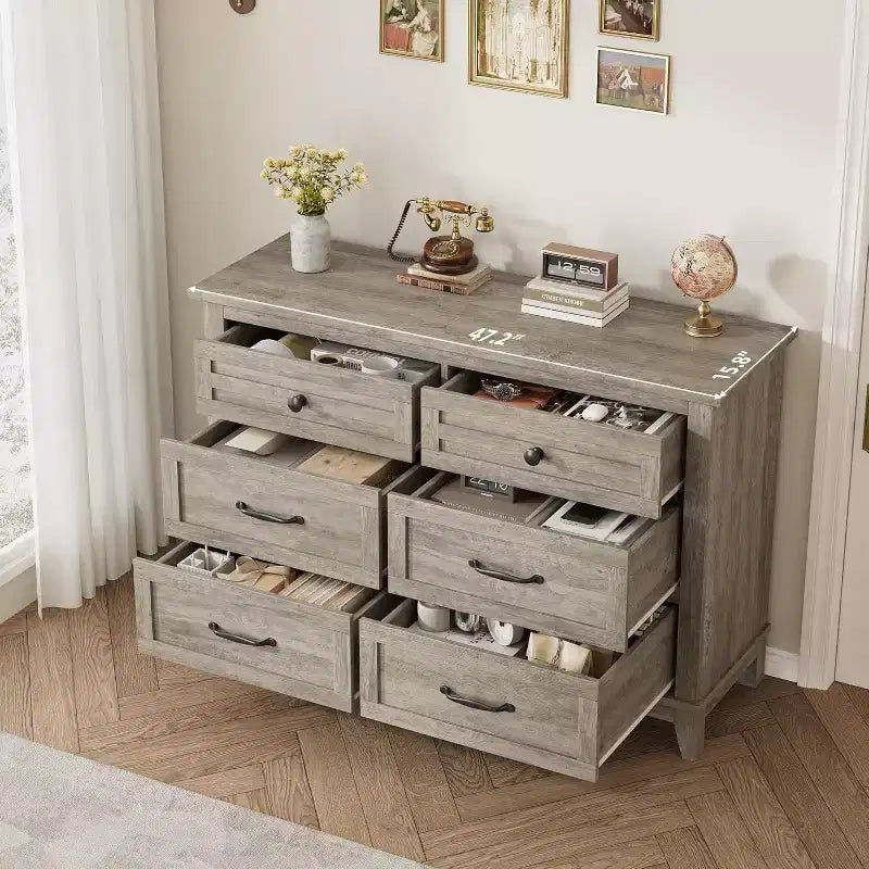 Commode à 6 tiroirs pour chambre à coucher, commode de rangement de 120 cm de large, organisateur de placard en bois moderne pour salon, entrée