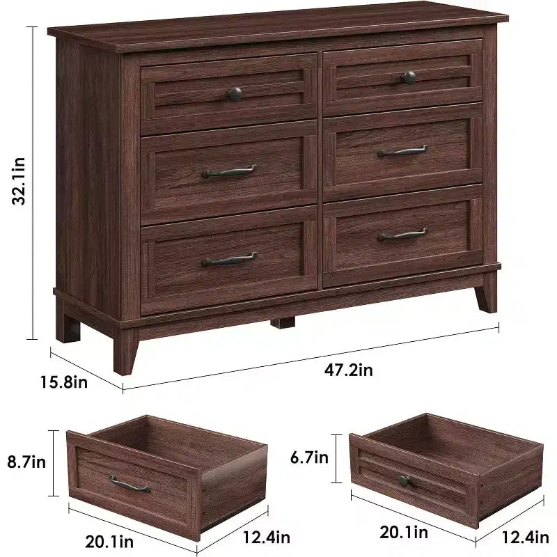 Commode à 6 tiroirs pour chambre à coucher, commode de rangement de 120 cm de large, organisateur de placard en bois moderne pour salon, entrée