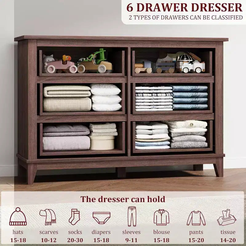 Commode à 6 tiroirs pour chambre à coucher, commode de rangement de 120 cm de large, organisateur de placard en bois moderne pour salon, entrée