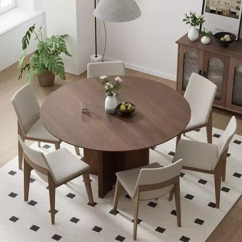 PexFix 52 x 52 Solid Wood Round Dining Table with Walnut Finish and Elegant Arched Legs for Modern Dining Rooms & Kitchens