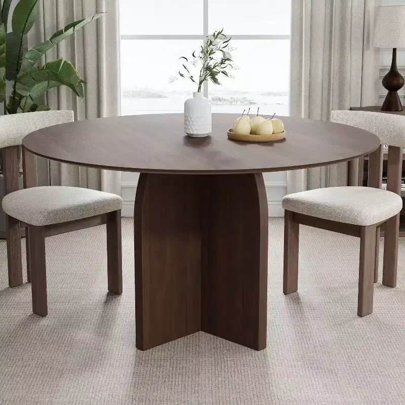 Table à manger ronde en bois massif 52 x 52 avec finition noyer et pieds arqués élégants pour salles à manger et cuisines modernes