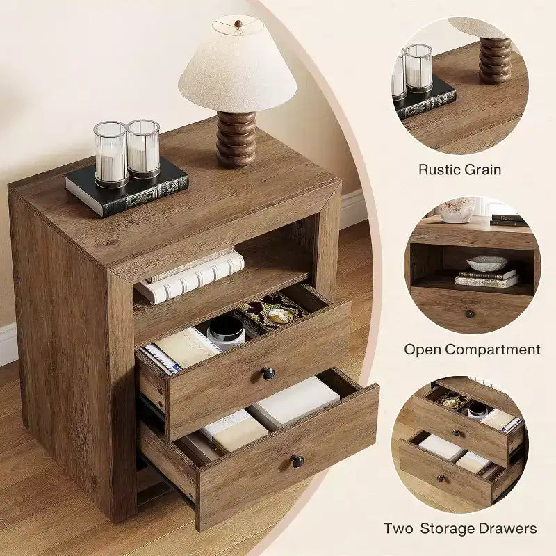 Table de chevet de ferme avec 2 tiroirs de rangement, table de chevet rustique pour chambre à coucher, table d'appoint pour petits espaces, marron