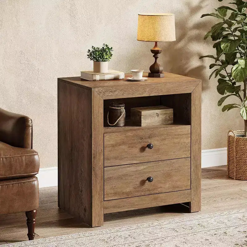 Table de chevet de ferme avec 2 tiroirs de rangement, table de chevet rustique pour chambre à coucher, table d'appoint pour petits espaces, marron