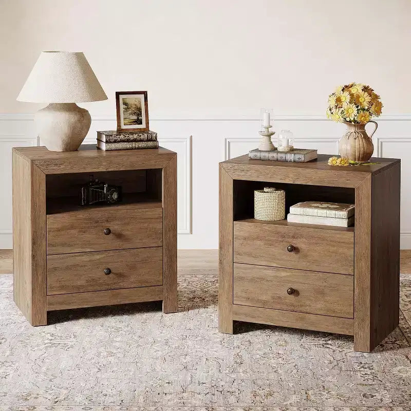 Table de chevet de ferme avec 2 tiroirs de rangement, table de chevet rustique pour chambre à coucher, table d'appoint pour petits espaces, marron