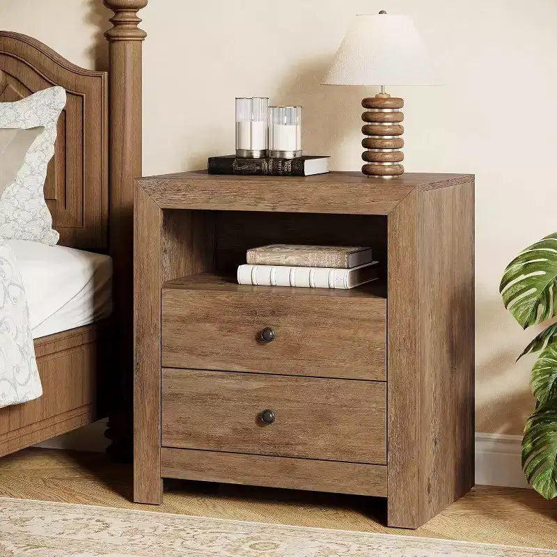Table de chevet de ferme avec 2 tiroirs de rangement, table de chevet rustique pour chambre à coucher, table d'appoint pour petits espaces, marron