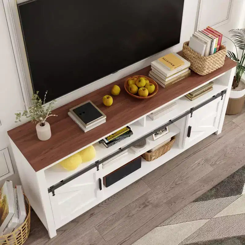 Meuble TV, Centre de Divertissement - Meuble TV de Ferme avec Portes Coulissantes de Grange et Portes en Maille, Rangement Industriel en Bois Rustique