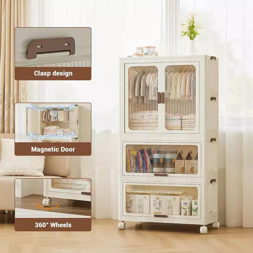 TROPOW 3 Tier Portable Kids Wardrobe Closet with Hanging Rod & Shelves - Foldable Children's Storage Organizer for Clothes, Toys, Books (White)