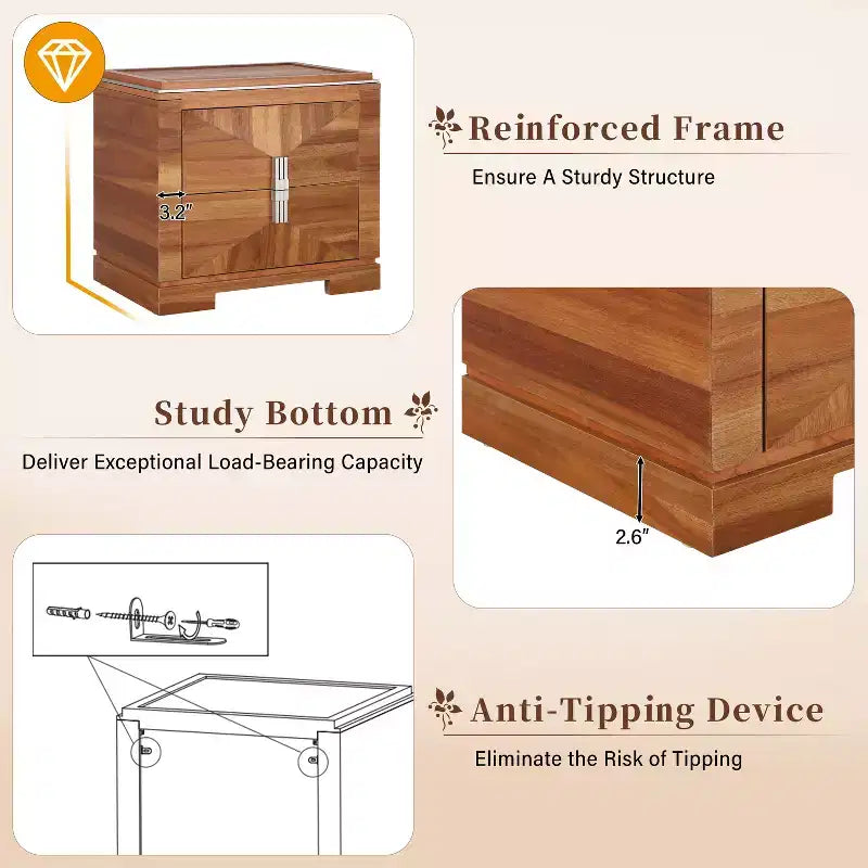 Table de chevet Gruthal moderne du milieu du siècle en bois avec 2 tiroirs