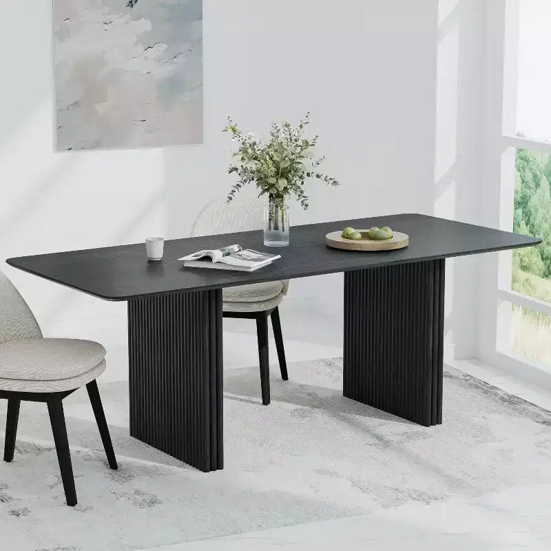 Table à manger en bois massif 79 x 33,5, table de cuisine moderne pour 6-8 personnes de style ferme avec pieds ondulés massifs pour salon, cuisine, bureau à domicile, noir