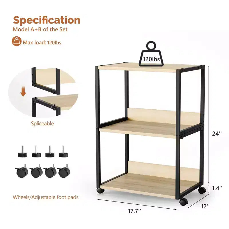 Support d'imprimante à 3 niveaux en aggloméré chêne, coloris A+B, 15,7x12x25,6 pouces