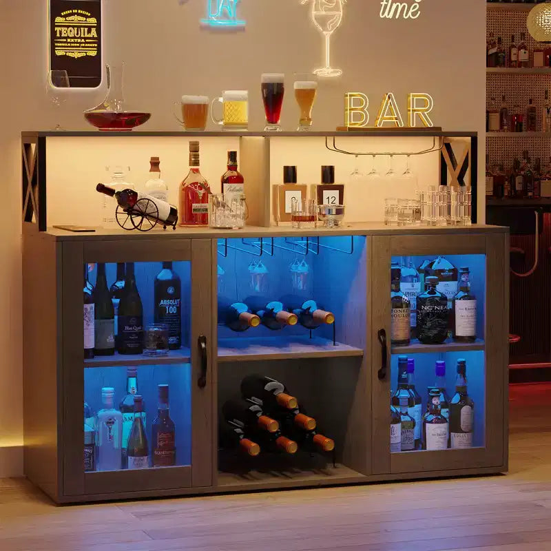 Meuble de rangement avec éclairage, meuble de rangement d'intérieur avec porte-bouteilles et porte-verres, buffet de café avec prises de courant, pour salon