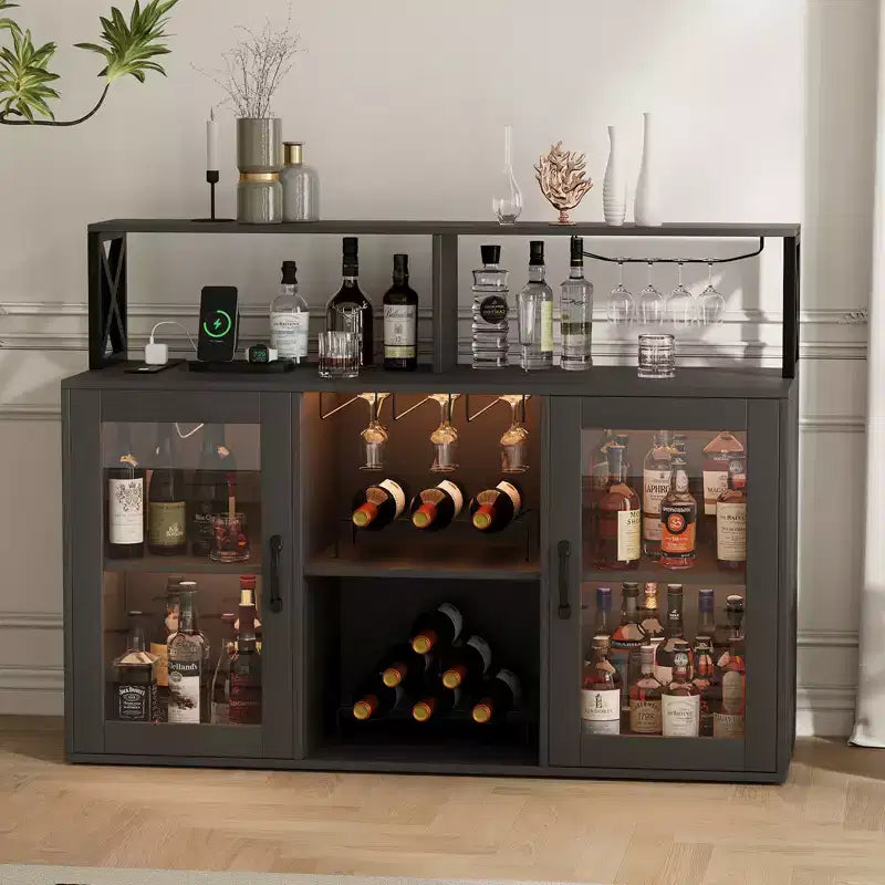 Meuble de rangement avec éclairage, meuble de rangement d'intérieur avec porte-bouteilles et porte-verres, buffet de café avec prises de courant, pour salon