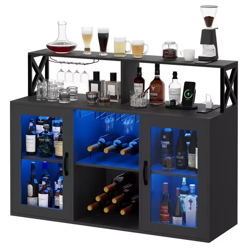 Meuble de rangement avec éclairage, meuble de rangement d'intérieur avec porte-bouteilles et porte-verres, buffet de café avec prises de courant, pour salon