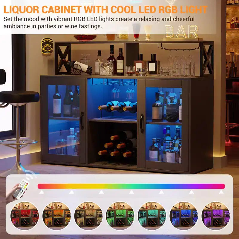 Meuble de rangement avec éclairage, meuble de rangement d'intérieur avec porte-bouteilles et porte-verres, buffet de café avec prises de courant, pour salon
