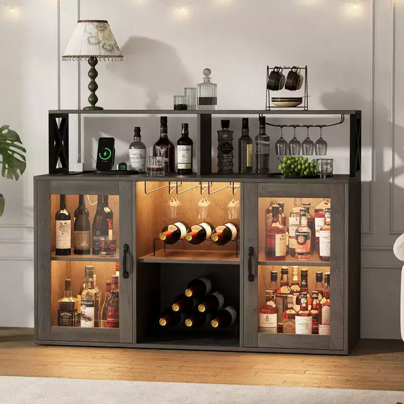 Meuble de rangement avec éclairage, meuble de rangement d'intérieur avec porte-bouteilles et porte-verres, buffet de café avec prises de courant, pour salon