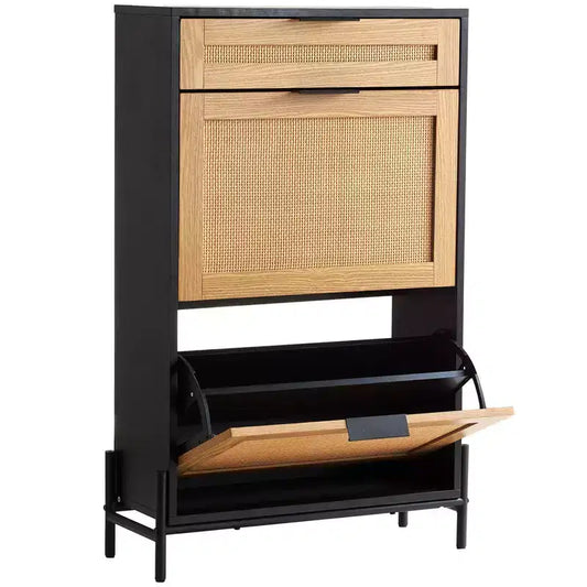 Rattan Shoe Cabinet Black Narrow Entryway Shoe Storage Organizer with 2 Flip Drawers and Slide Drawer Metal Legs Boho Style 12 Pair Capacity
