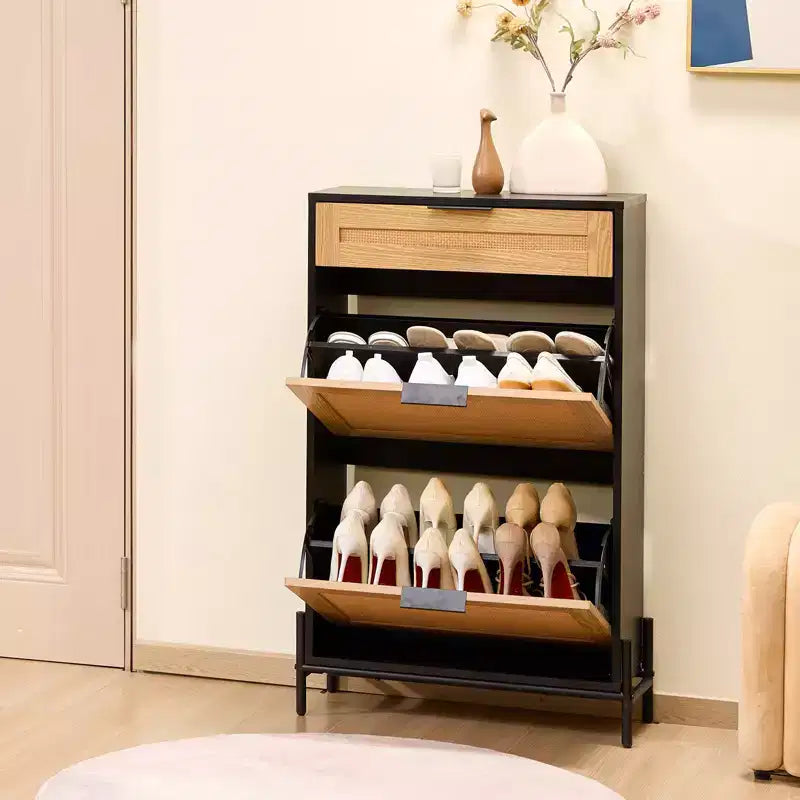 Meuble à Chaussures en Rotin Noir Étroit Organisateur de Rangement pour Chaussures d'Entrée avec 2 Tiroirs Abattants et Tiroir Coulissant Pieds en Métal Style Bohème Capacité 12 Paires