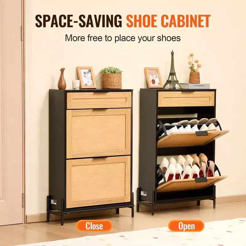 Meuble à Chaussures en Rotin Noir Étroit Organisateur de Rangement pour Chaussures d'Entrée avec 2 Tiroirs Abattants et Tiroir Coulissant Pieds en Métal Style Bohème Capacité 12 Paires