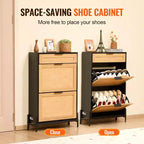 Meuble à Chaussures en Rotin Noir Étroit Organisateur de Rangement pour Chaussures d'Entrée avec 2 Tiroirs Abattants et Tiroir Coulissant Pieds en Métal Style Bohème Capacité 12 Paires
