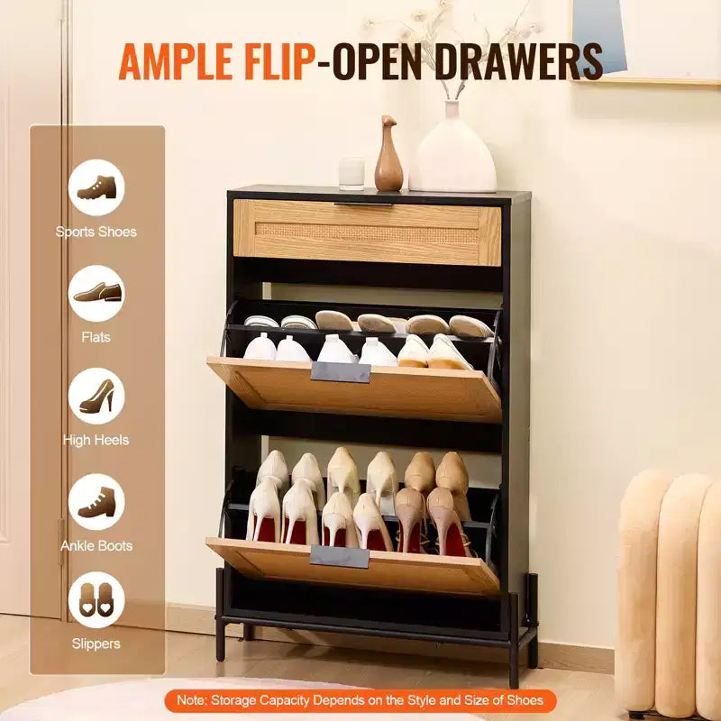 Meuble à Chaussures en Rotin Noir Étroit Organisateur de Rangement pour Chaussures d'Entrée avec 2 Tiroirs Abattants et Tiroir Coulissant Pieds en Métal Style Bohème Capacité 12 Paires