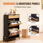 Meuble à Chaussures en Rotin Noir Étroit Organisateur de Rangement pour Chaussures d'Entrée avec 2 Tiroirs Abattants et Tiroir Coulissant Pieds en Métal Style Bohème Capacité 12 Paires