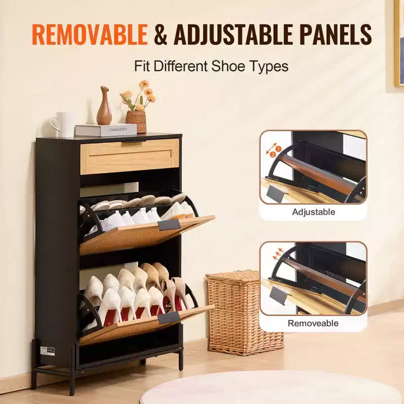 Meuble à Chaussures en Rotin Noir Étroit Organisateur de Rangement pour Chaussures d'Entrée avec 2 Tiroirs Abattants et Tiroir Coulissant Pieds en Métal Style Bohème Capacité 12 Paires