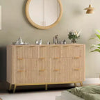 Commode 7 tiroirs, commode cannelée moderne naturelle pour chambre, organisateur de rangement en bois large avec pieds pour salon, entrée