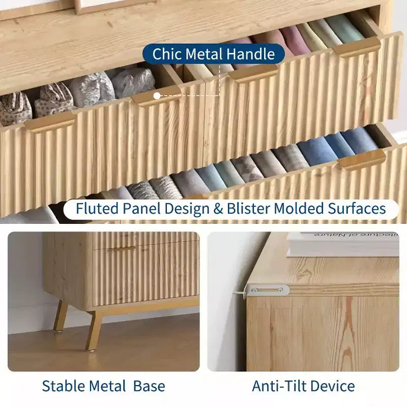 Commode 7 tiroirs, commode cannelée moderne naturelle pour chambre, organisateur de rangement en bois large avec pieds pour salon, entrée