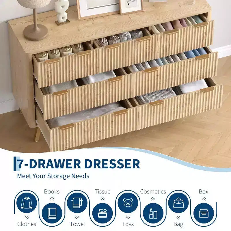Commode 7 tiroirs, commode cannelée moderne naturelle pour chambre, organisateur de rangement en bois large avec pieds pour salon, entrée