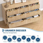 Commode 7 tiroirs, commode cannelée moderne naturelle pour chambre, organisateur de rangement en bois large avec pieds pour salon, entrée
