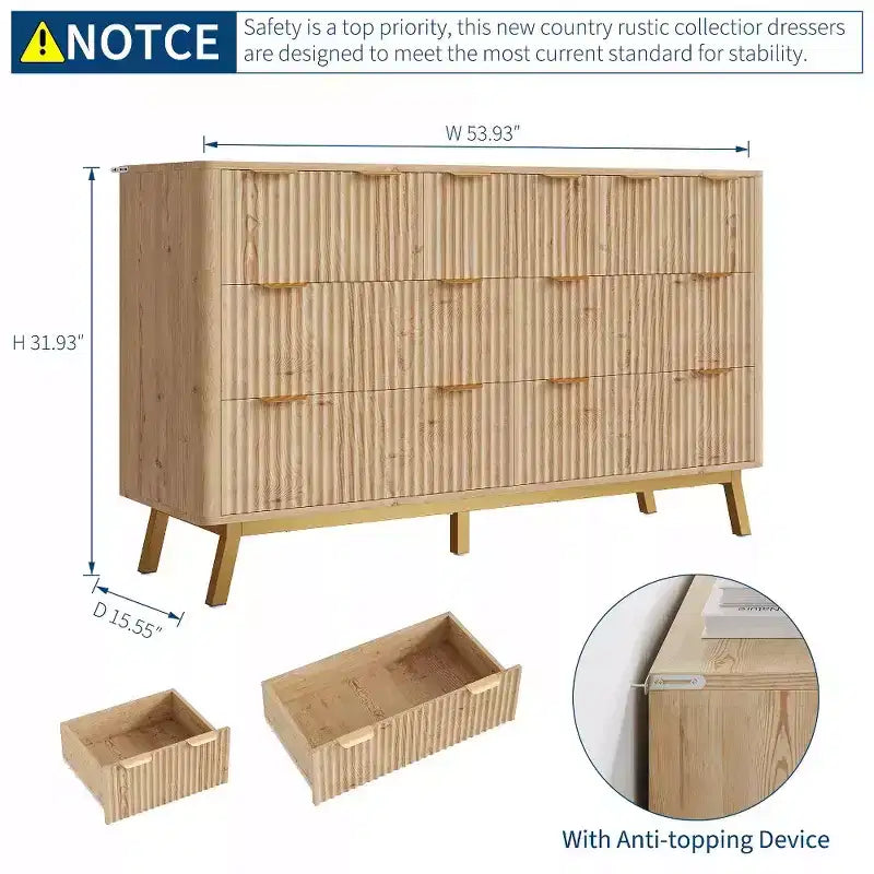 Commode 7 tiroirs, commode cannelée moderne naturelle pour chambre, organisateur de rangement en bois large avec pieds pour salon, entrée
