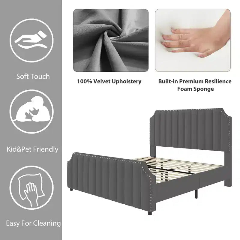 Cadre de lit plateforme California King Size avec tête de lit de 50,2 po de haut, lit tapissé de velours avec tête et pied de lit touffetés à canaux verticaux